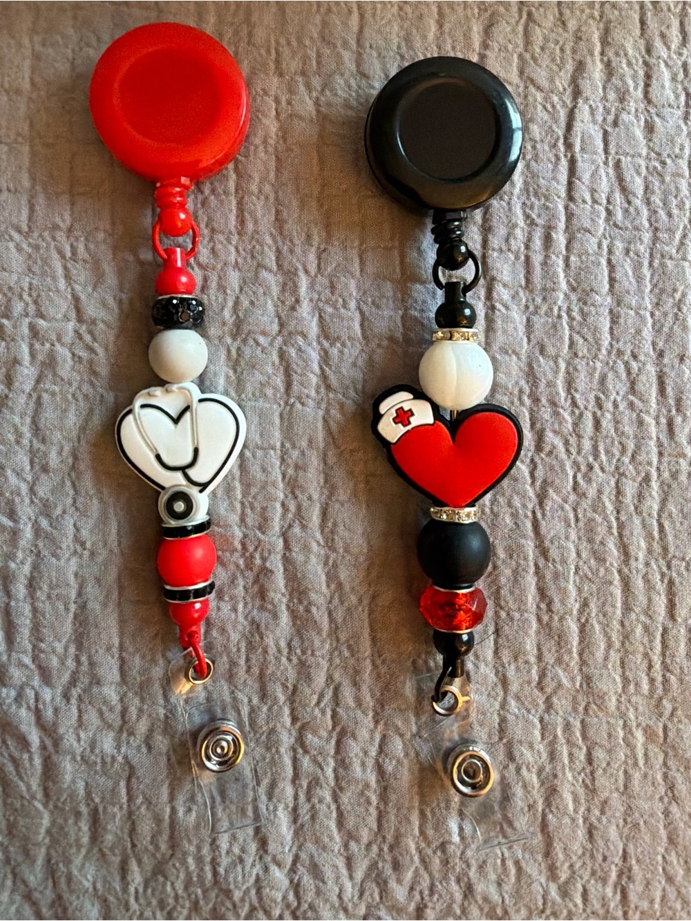 Red & Black Nurse Badge Reel Set - Heart Stethoscope Design
